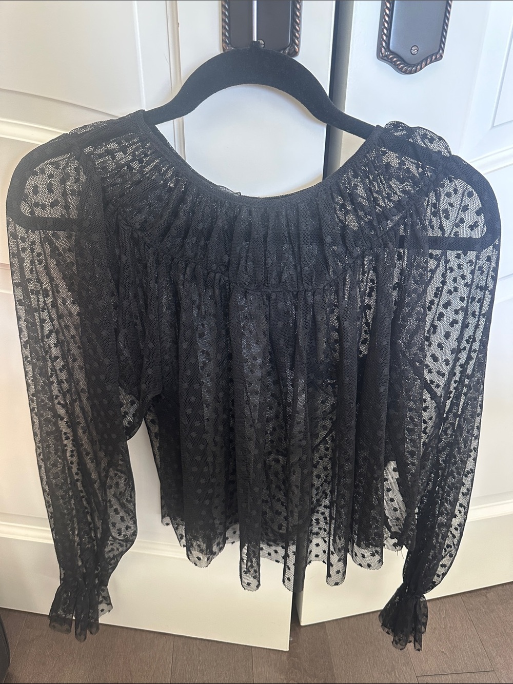Zara Black Sheer Dotted Long-Sleeve Blouse